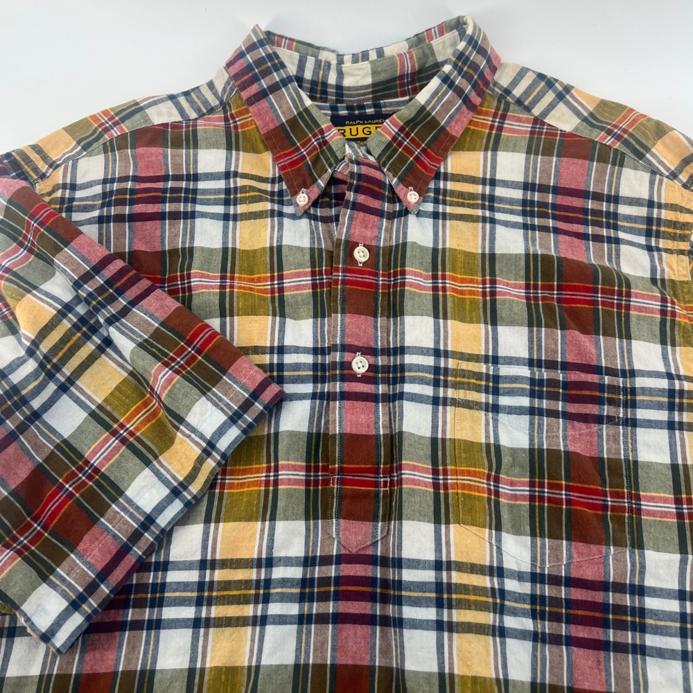 Vintage Ralph Lauren Rugby Mens XL Short Sleeve Plaid Popover Button Down Shirt